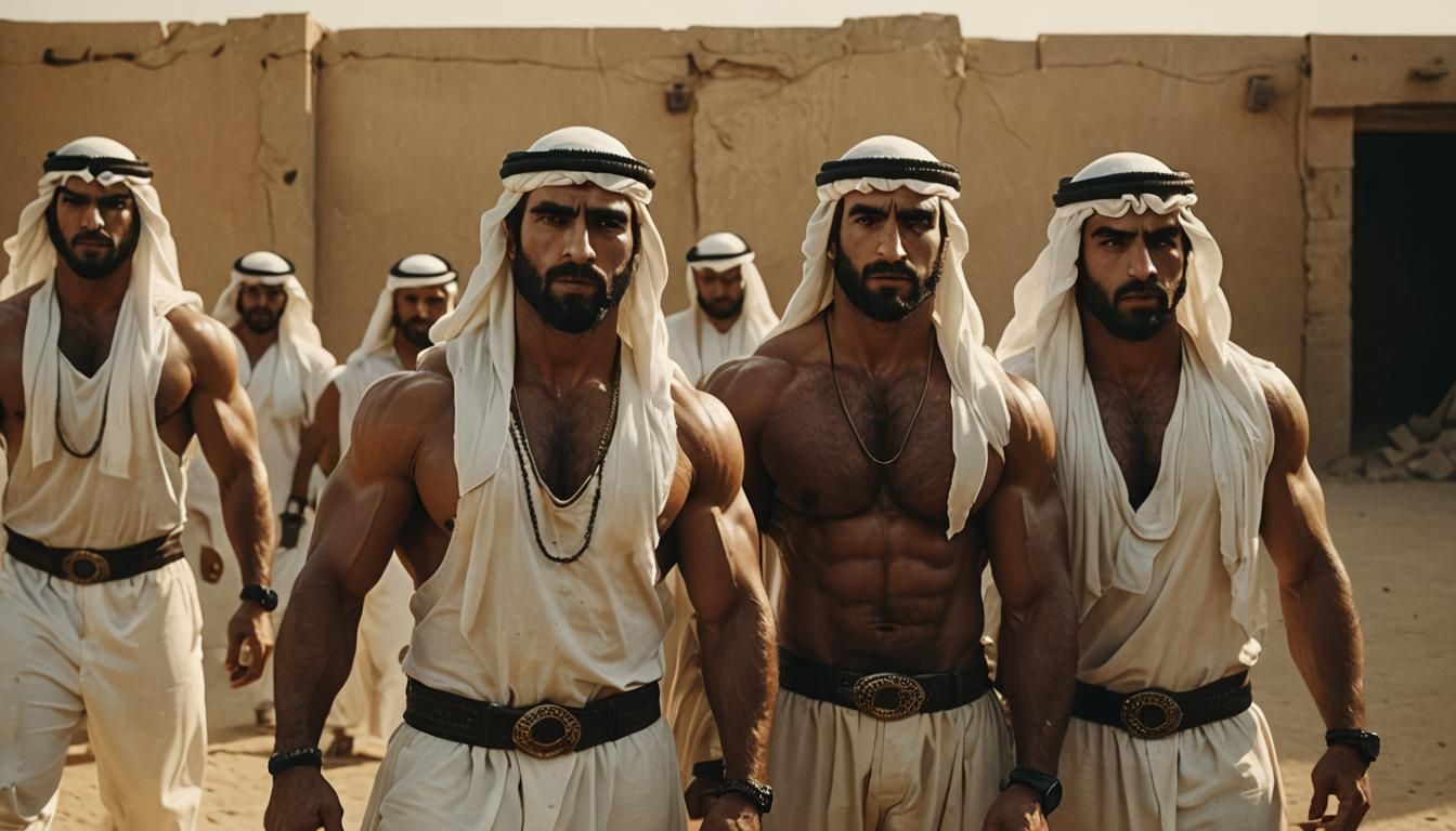 Muscular Bodybuilders Demand Obedience: Cinematic Film Still