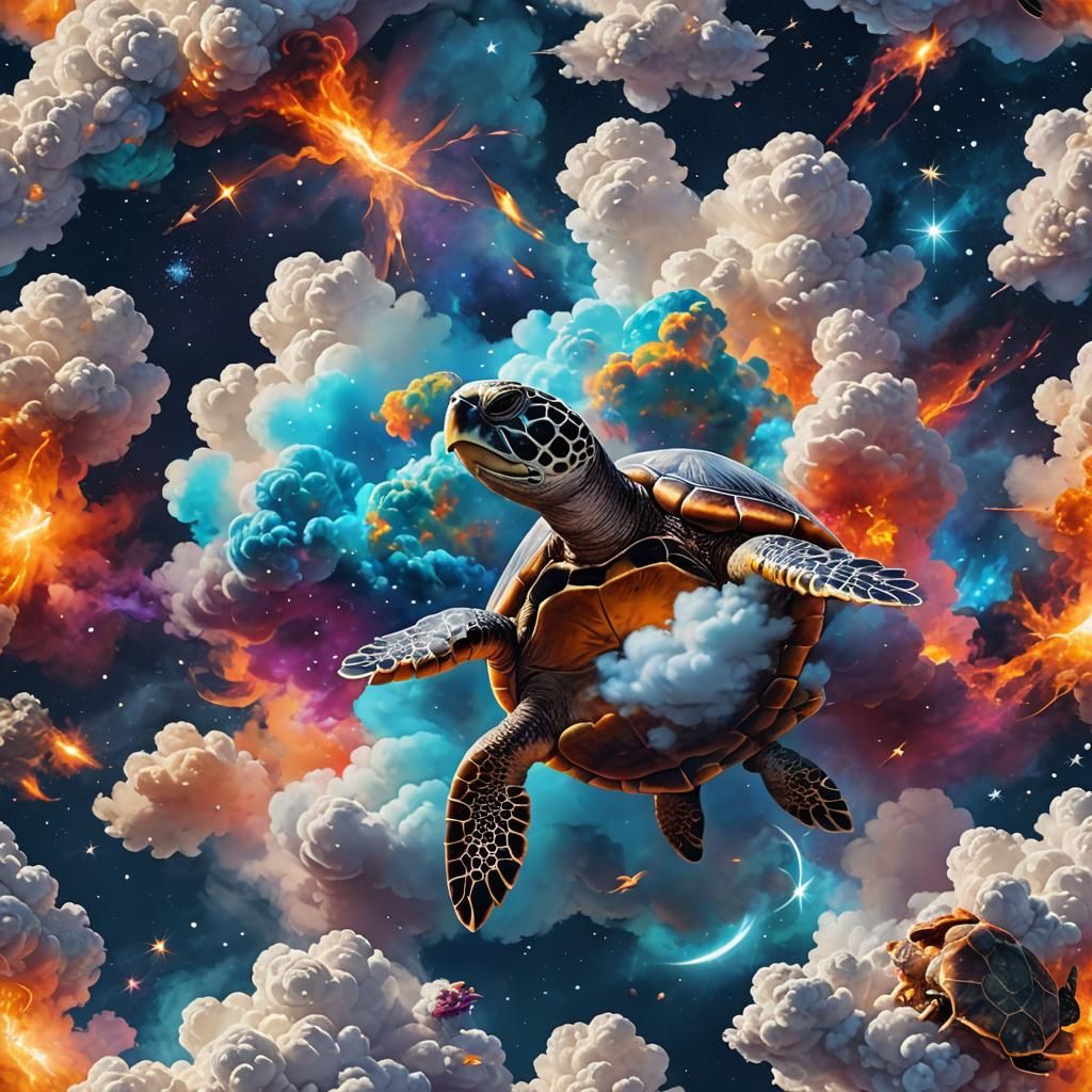Heavenly Baby Turtle Swims Through Starry Sky