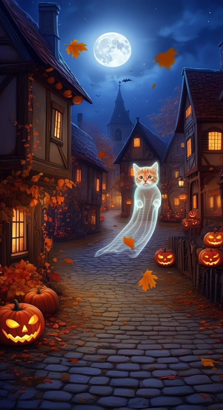 Halloween Village with Kitten Ghost in Burton Style