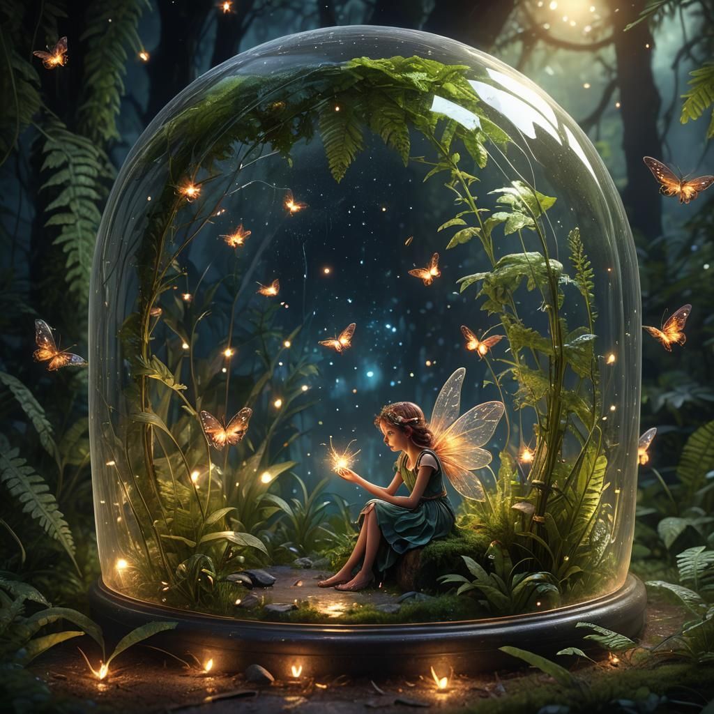 Fairy in Glass Dome Crying, Detailed Matte Painting