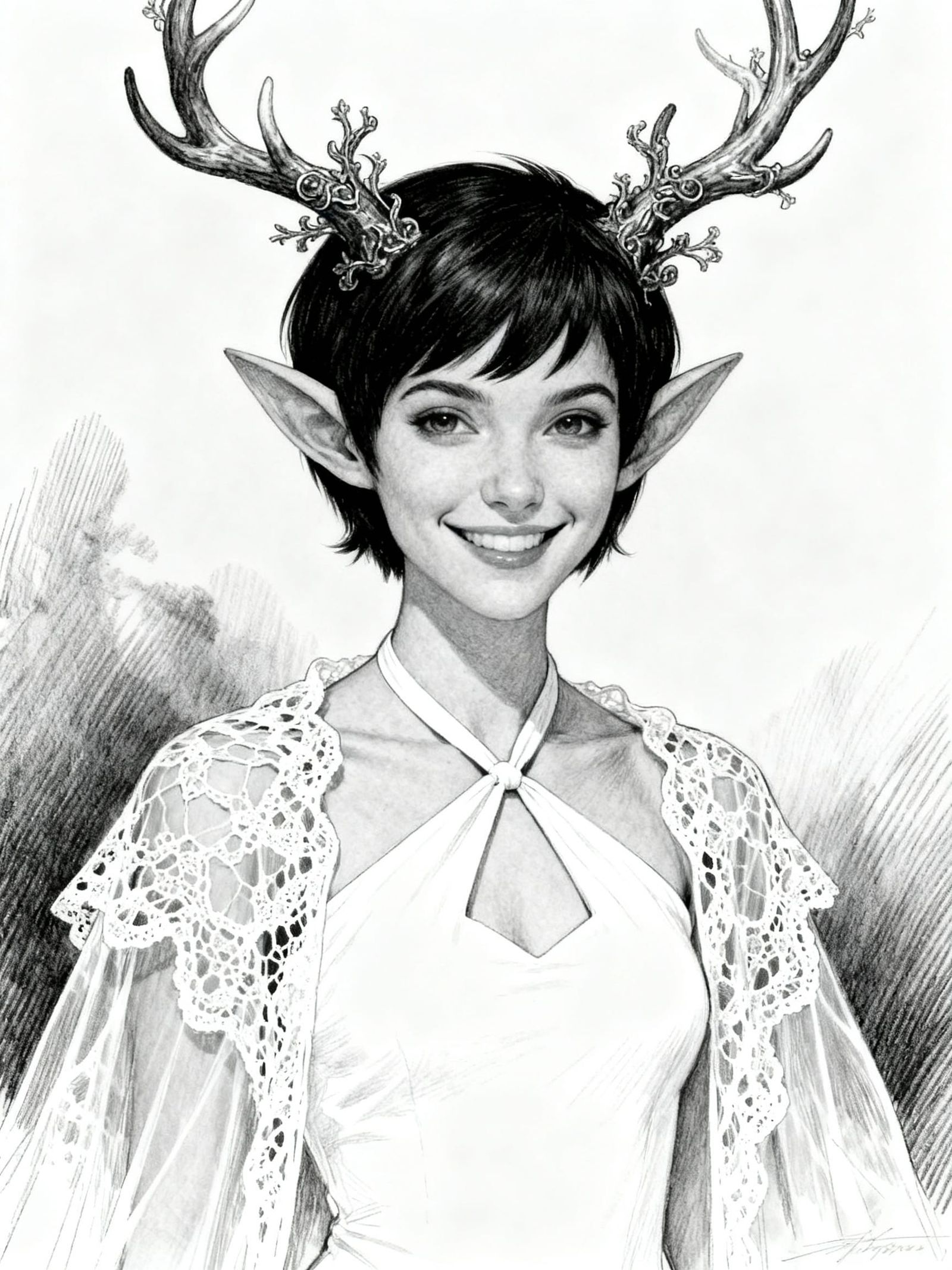 Beautiful Elf Maiden with Antlers in Black and White Sketch