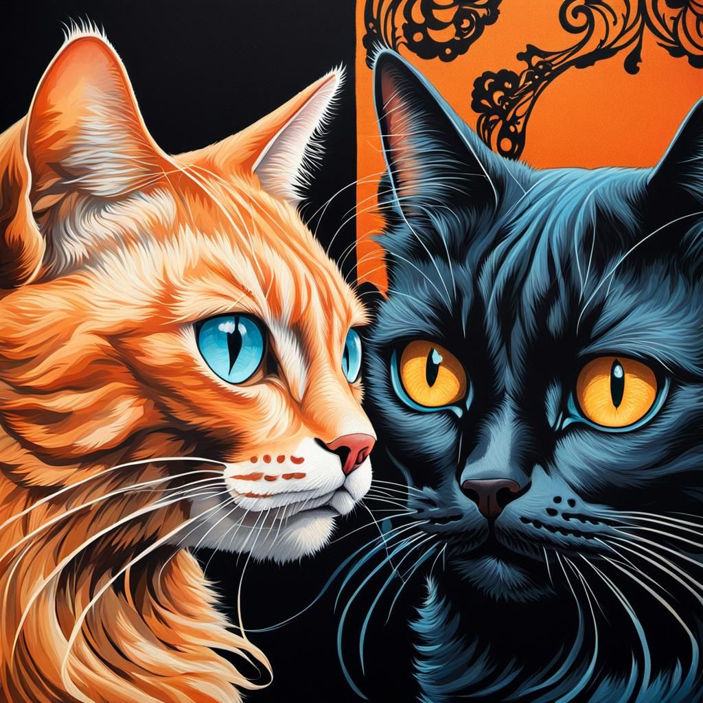 Orange Tabby and Black Cat Portrait in Detailed Poster Art