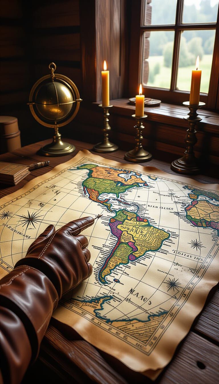 Spanish Explorers Charting South America by Candlelight