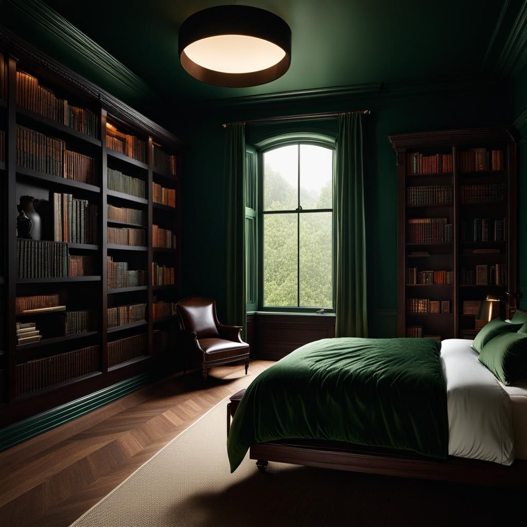 Eldritch Bedroom Interior with Green and Brown Details