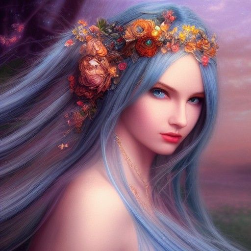 Beautiful Blue-Haired Goddess in Ethereal Digital Art