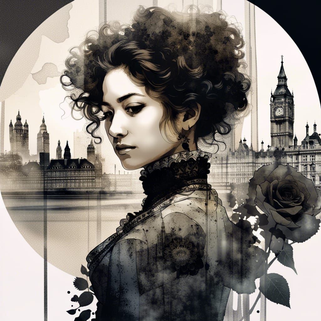 Victorian Lady with Roses in London, Double Exposure