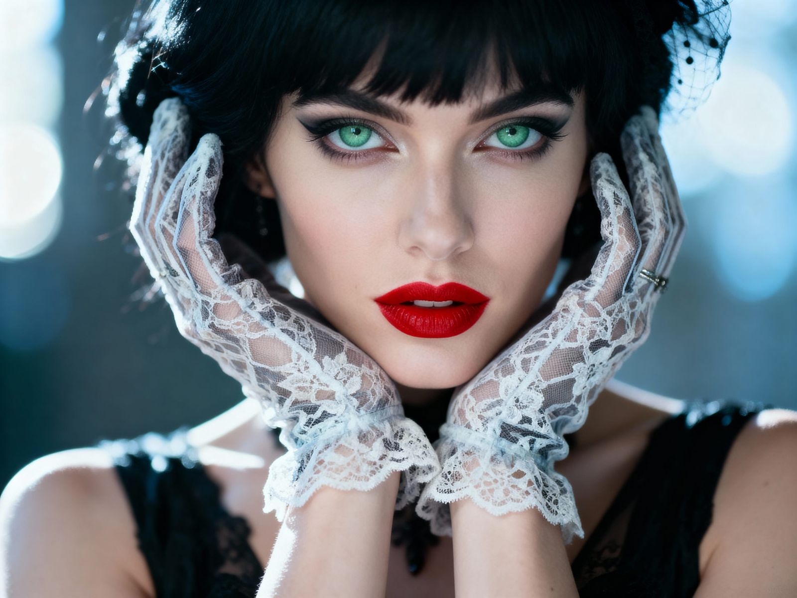 Elegant Woman in Lace Gloves, Direct Gaze