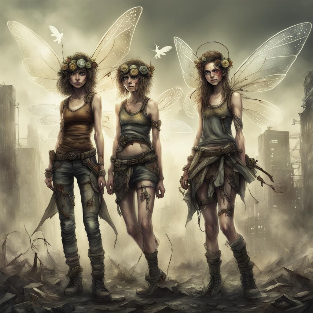 Post-Apocalyptic Fairies in Ruined Landscape