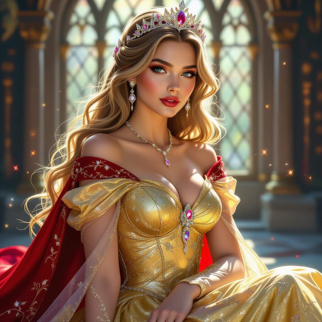 Sleeping Beauty in Crystal Gown with Red Cape