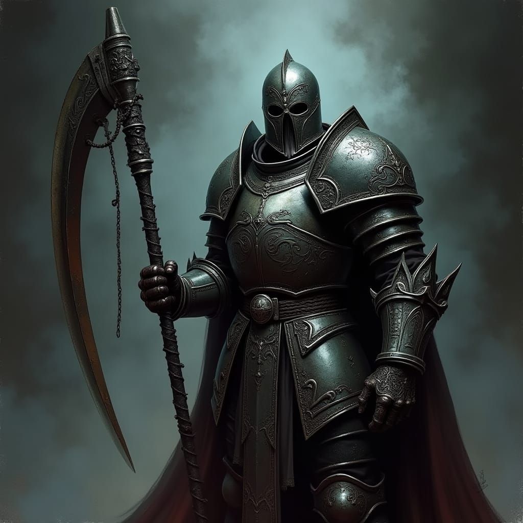 Dark Fantasy Warrior in Full Plate Armor, Warscythe at the R...