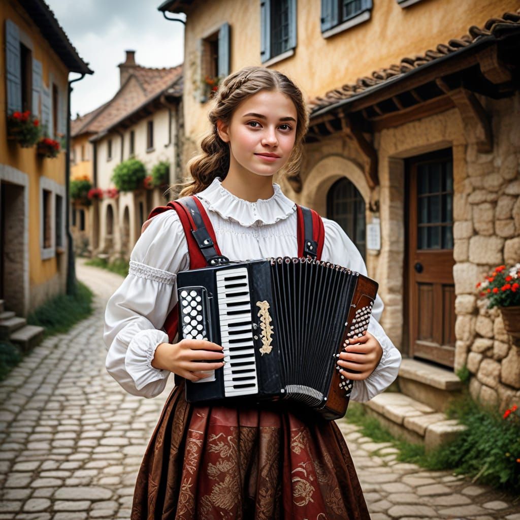 Rococo Oil Painting of Girl Playing Accordion in Medieval Vi...