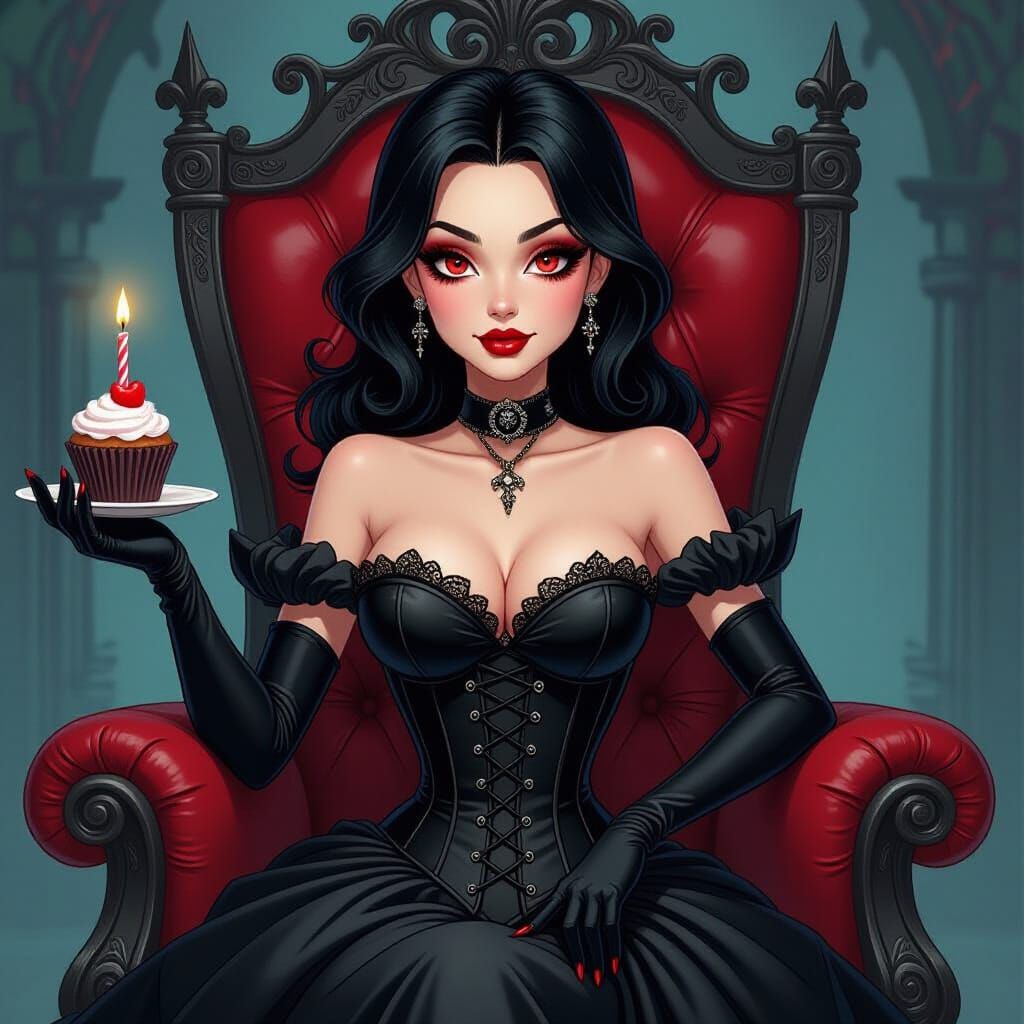 Gothic Woman on Throne in Tim Burton Style