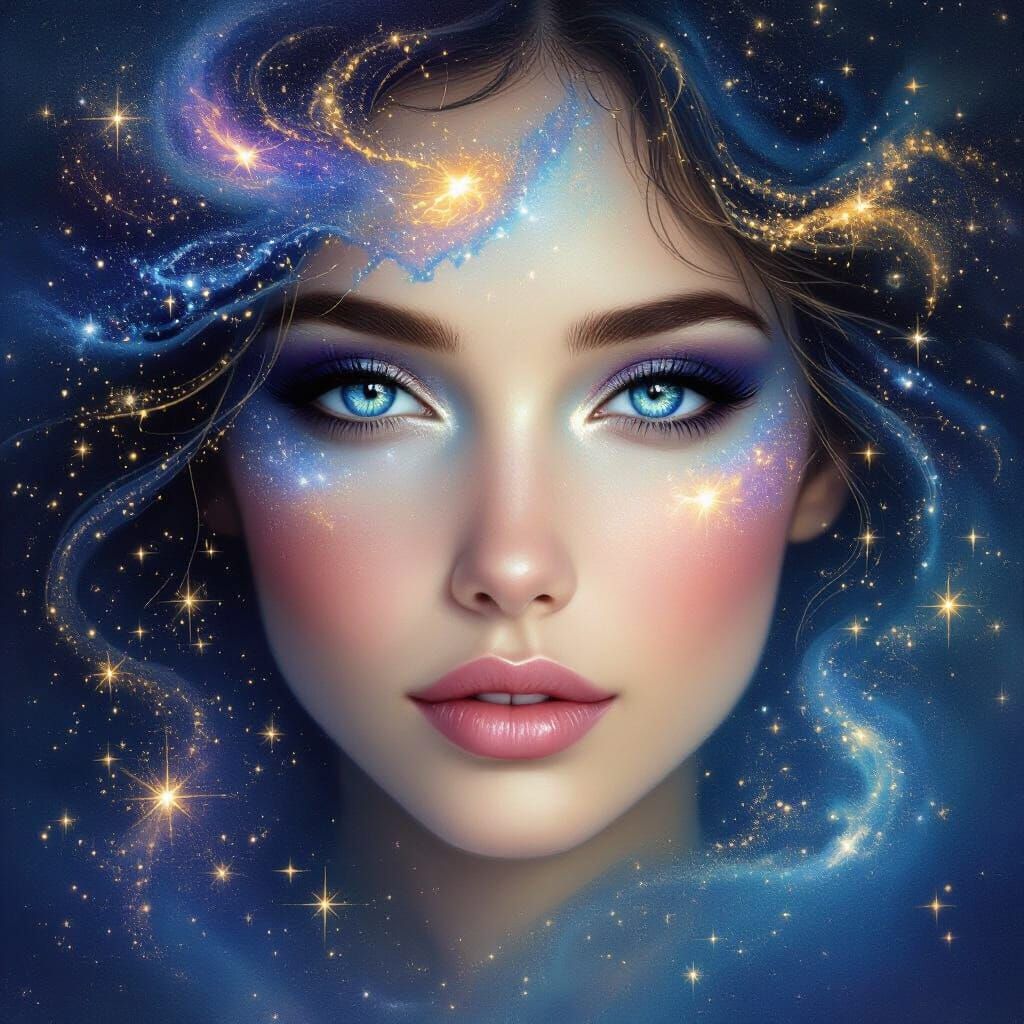Cosmic Serenity: Woman's Face Reflecting Galaxy Stars