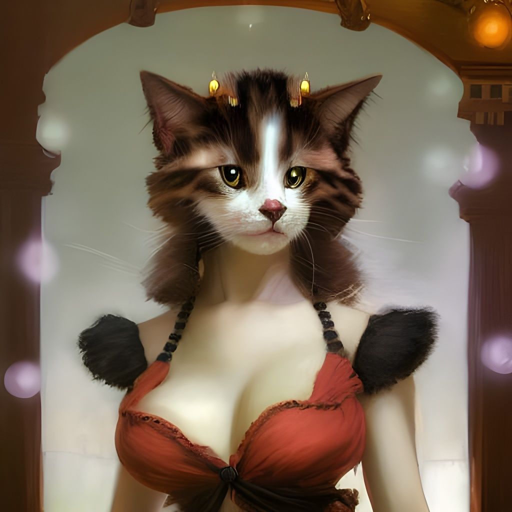 Miau ... Portrait of beautiful saloon girl, hybrid cat! Saloon kitty, smiling, inside saloon, wild west village intricat...