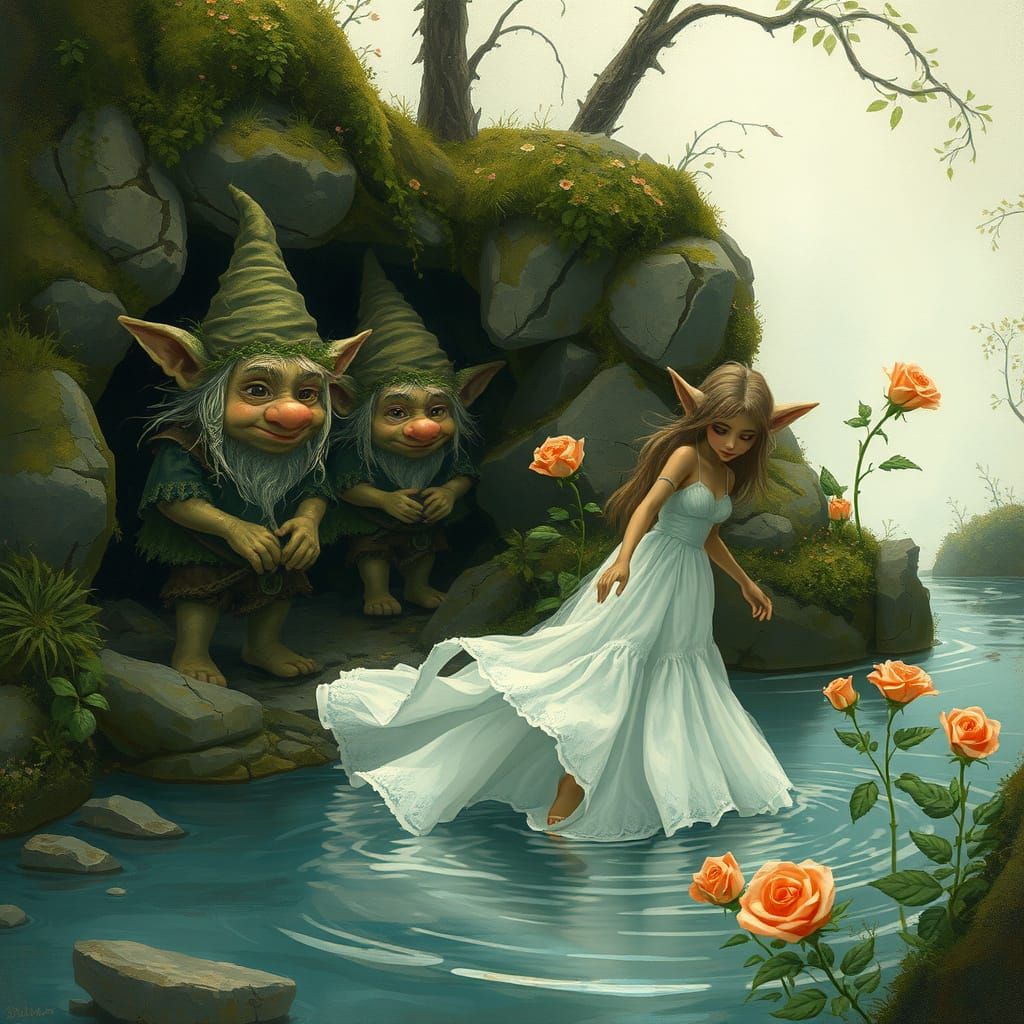 Trolls Watching Woman Picking Magical Roses