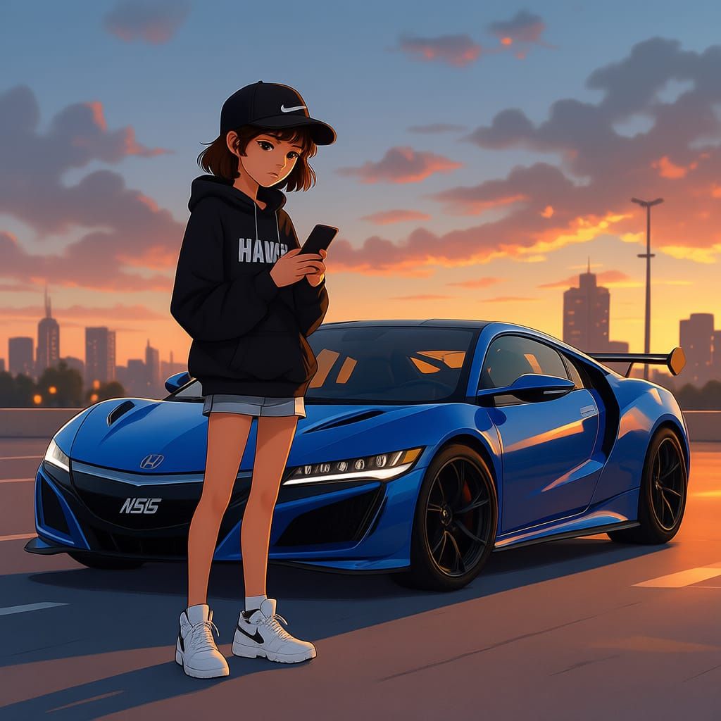 Anime Girl with Modified Honda NSX at Sunset