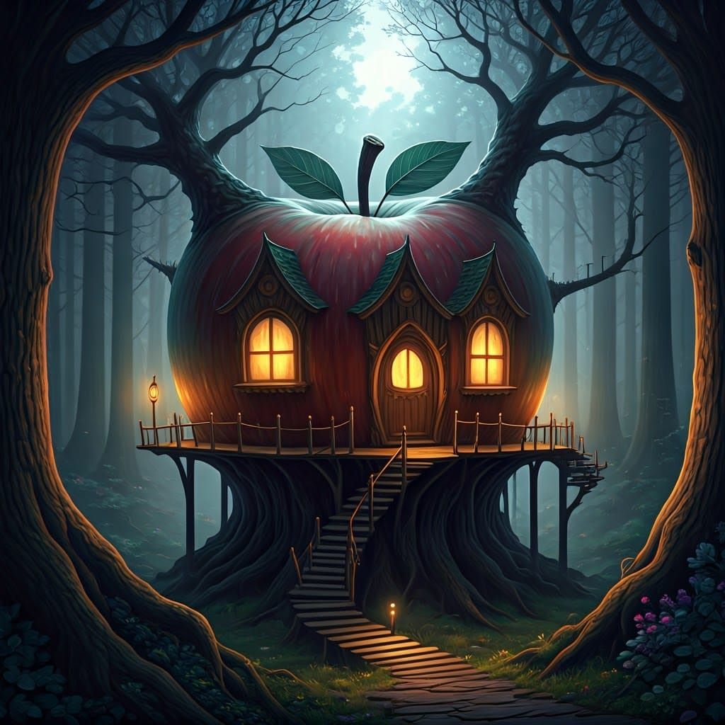 Dreamy Apple Treehouse in Whimsical Moonlit Forest