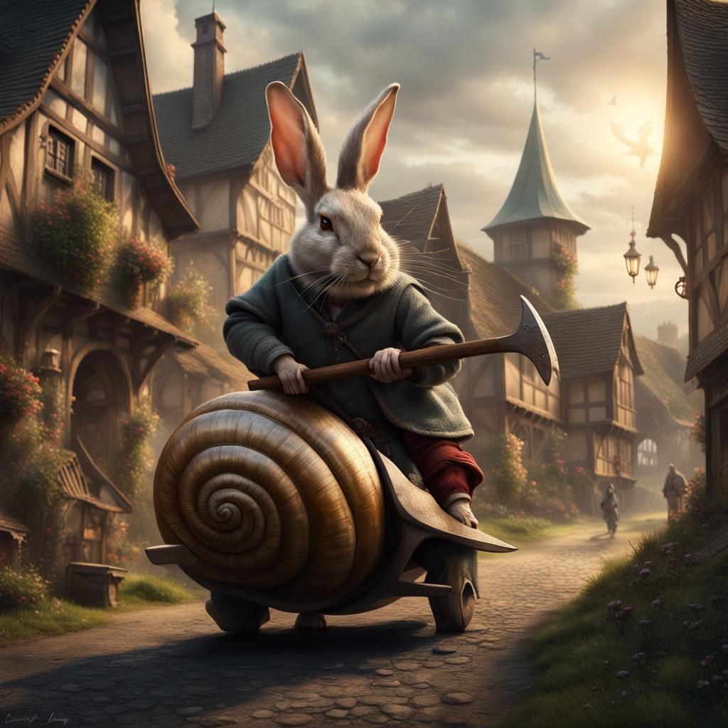 A medieval rabbit, dressed as a peasant, swinging an axe is ...