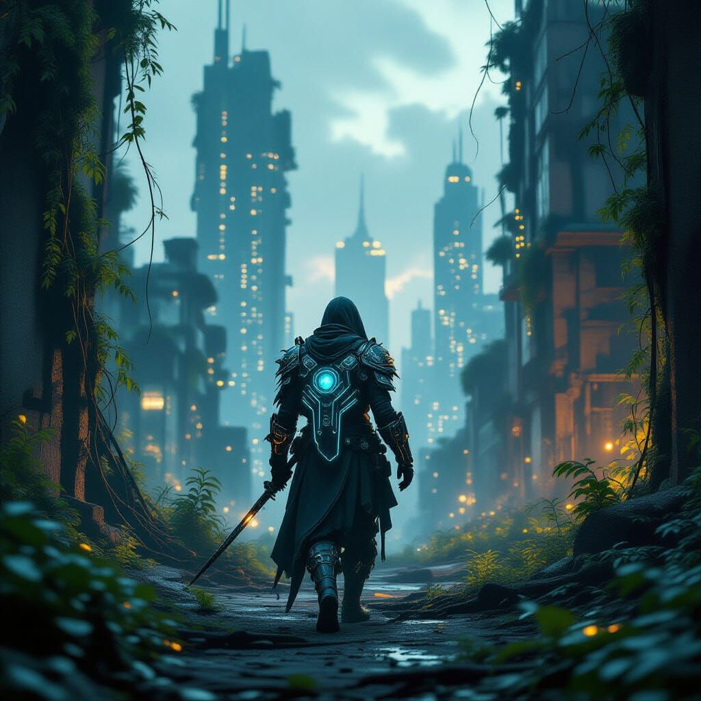 Bioluminescent Warrior in Overgrown Cityscape