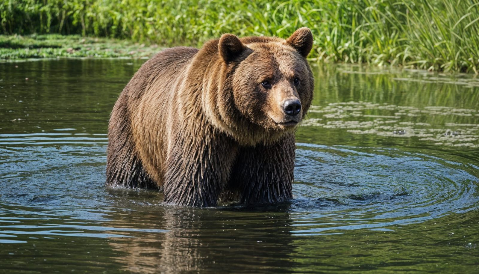 A Golden Bear Catches a Fish in a Serene Spring Canal