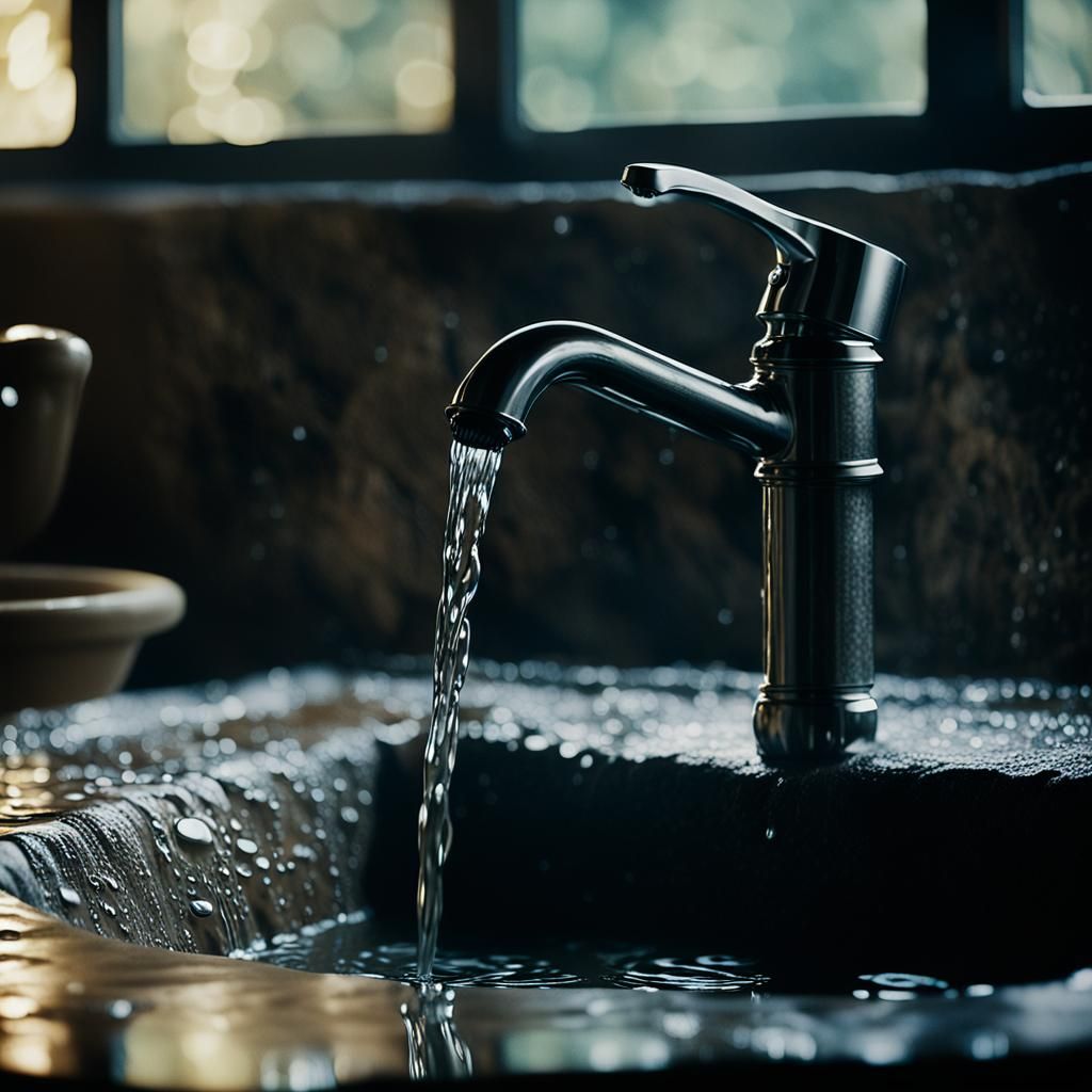 Water Drips into Stone Sink: Cinematic Film Still