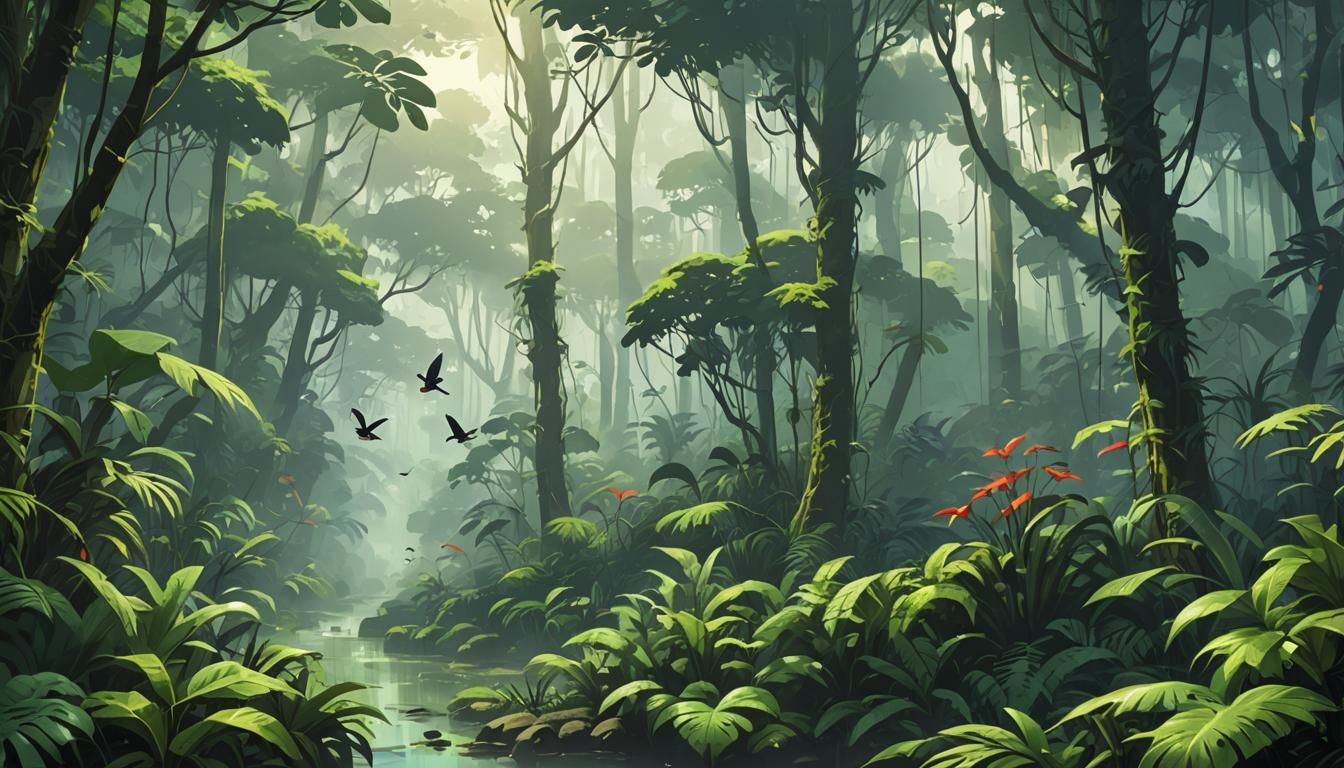 Lush Rainforest Scene in Anime Style