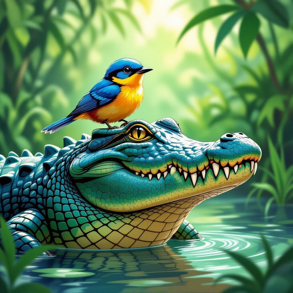 Tiny Bird Meets Giant Crocodile in Comic Art Style