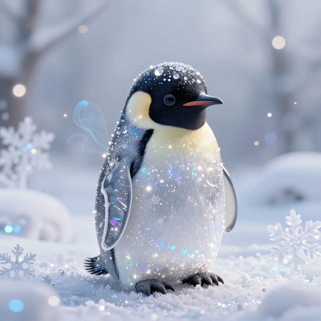 Crystal Penguin Glowing in Ethereal Winter Wonderland