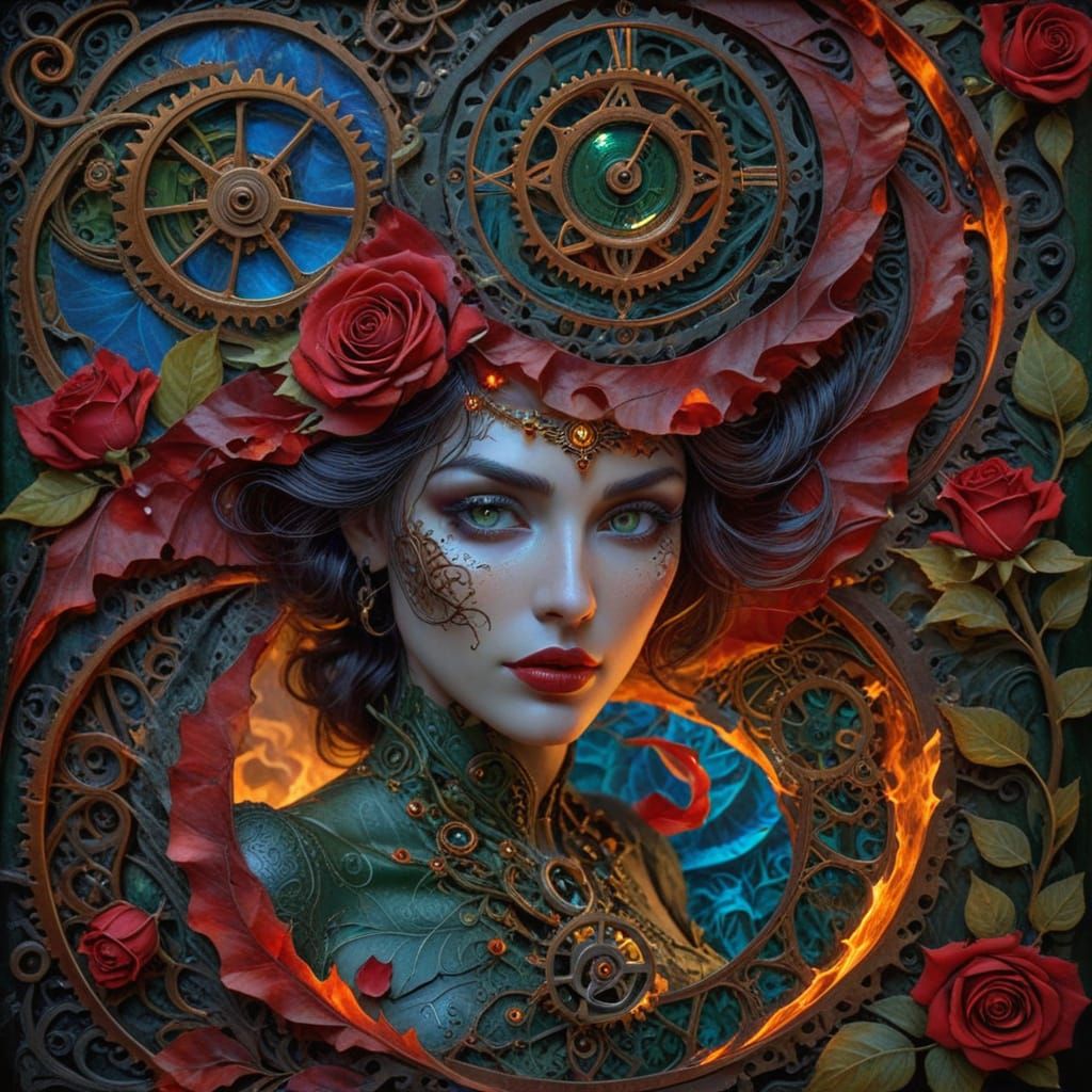 Surreal Woman Unveils Ancient Secrets in a Gilded, Floral Me...