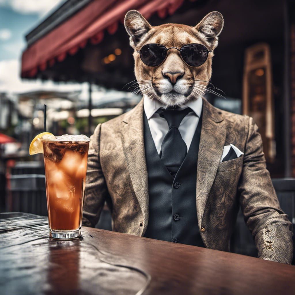 Puma in Suit with Drink, Hyperrealistic Style