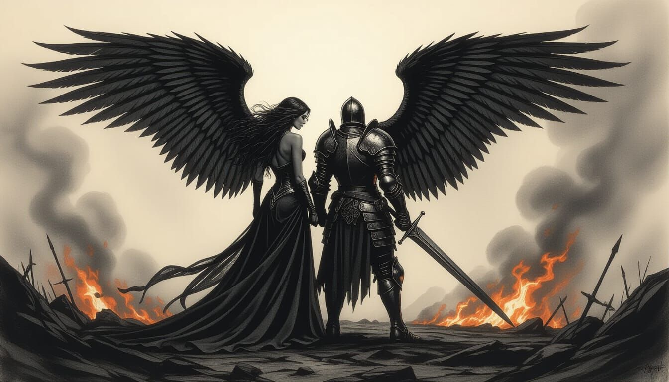 Fallen Angel and Knight in Dramatic Battle Scene