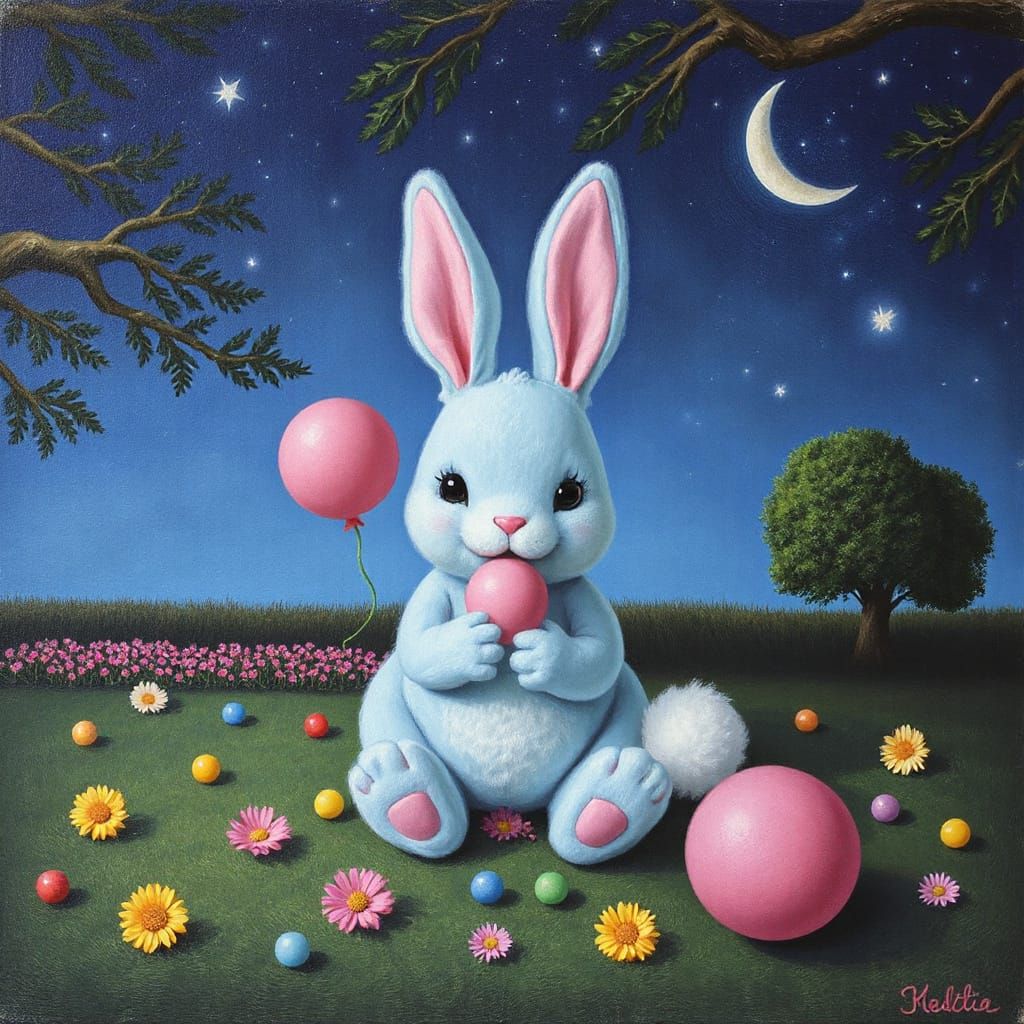 Whimsical Bubblegum Bunny in a Dreamlike Landscape