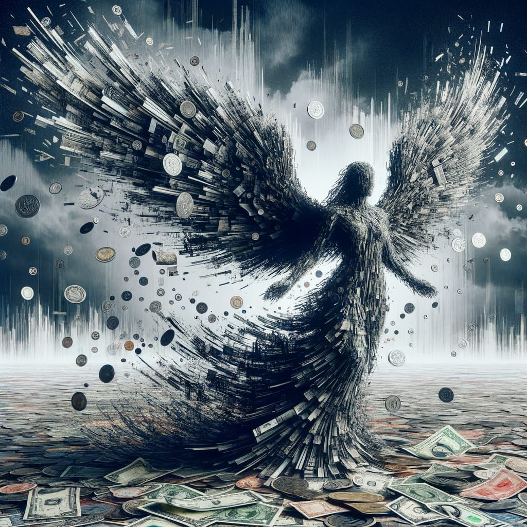 Obscure Angel Made of Money Above Wasteland