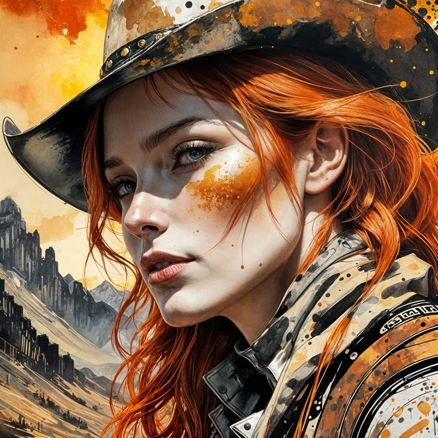 Red-Haired Cowgirl at Sunset in Graffiti Style