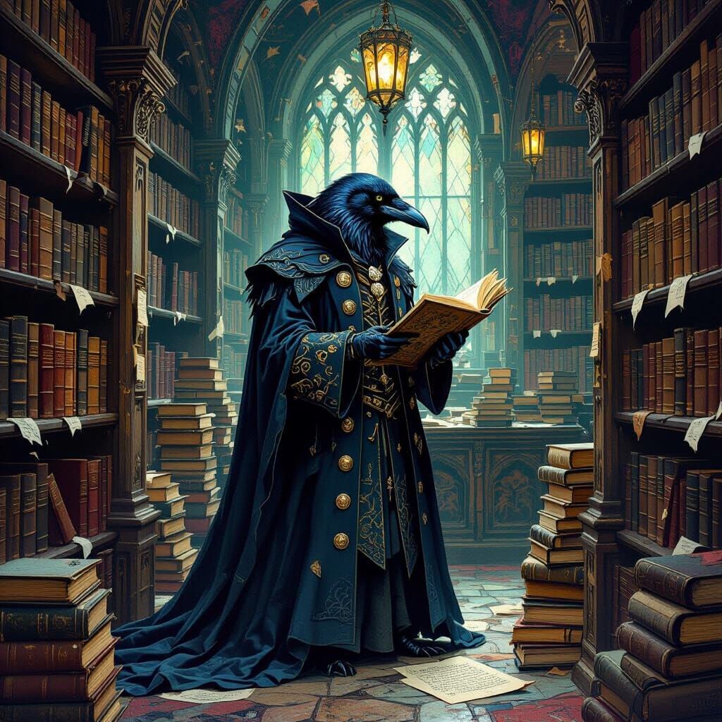 Gothic Raven Librarian in Dimly Lit Archive