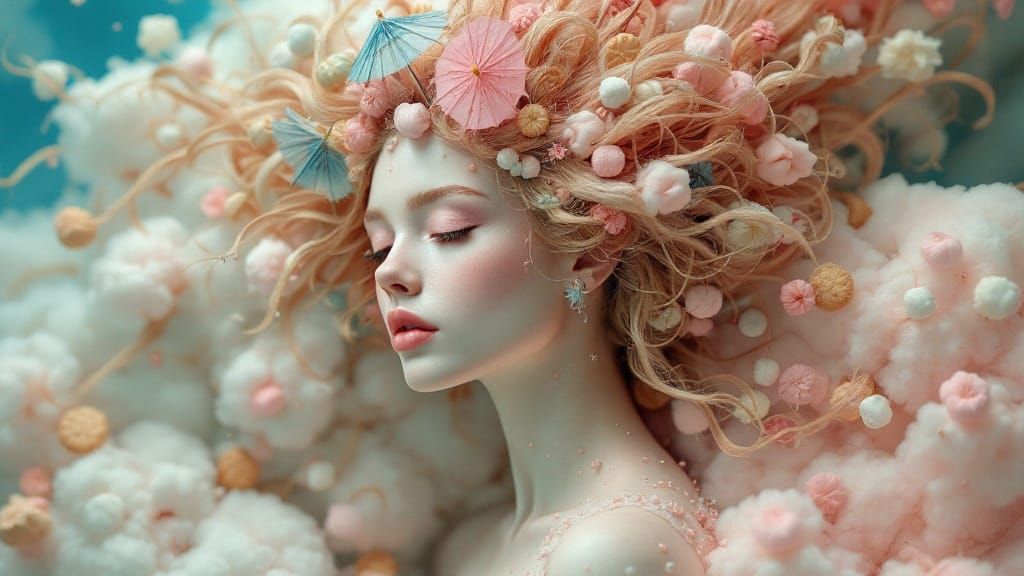 Surreal Girl with Cotton Candy Hair, Acrylic Art