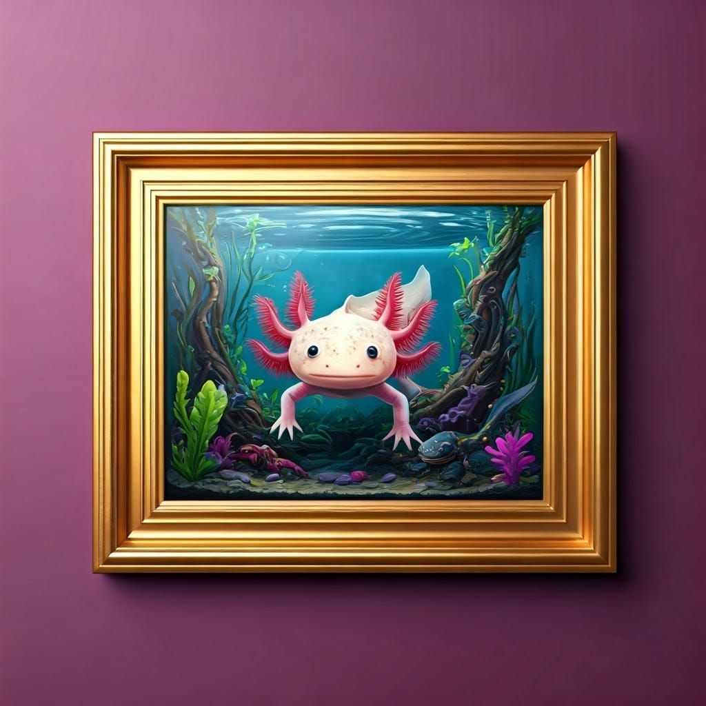 Hyperrealistic Oil Painting of Axolotl and Salamander in Col...