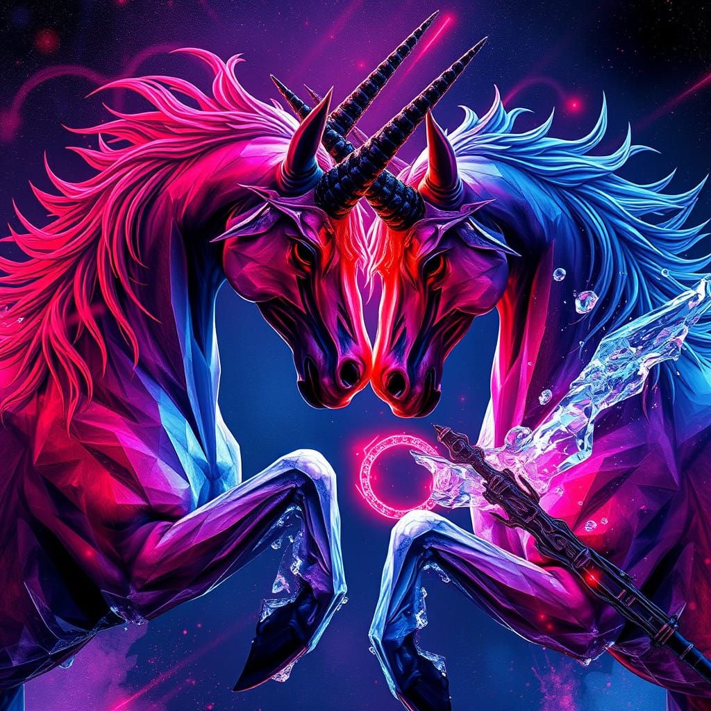 Vibrant Psychedelic Horror Unicorn Battles Cryokinetic Alien...