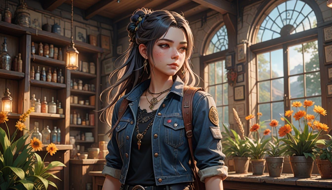Anime Punk Girl in Whimsical Apothecary Setting