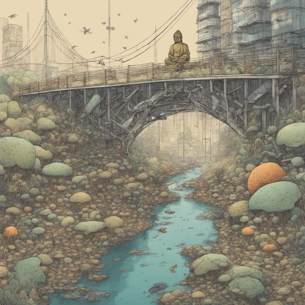 Psychedelic Brutalist Bridge with Botanical Sketches