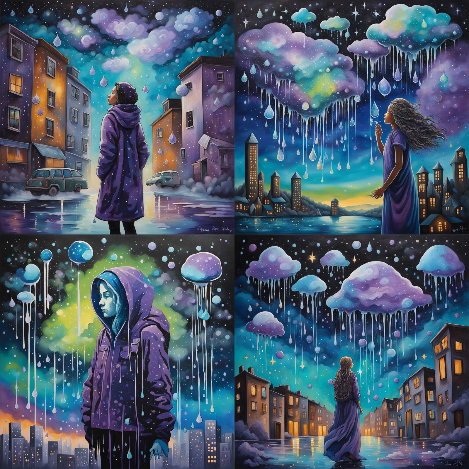 Ethereal Woman with City-Filled Raindrops