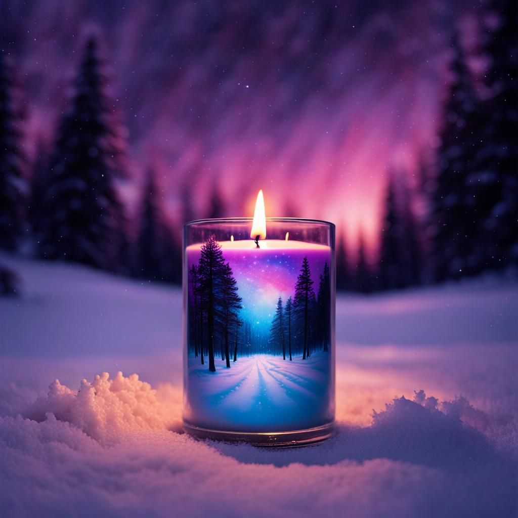 Double Exposure Candle in Snowy Landscape