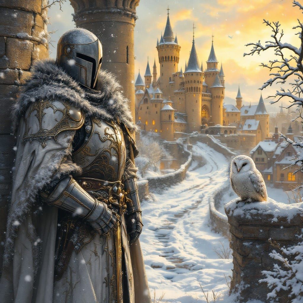 Knights Guard Winter Wonderland Village in Oil Painting Styl...
