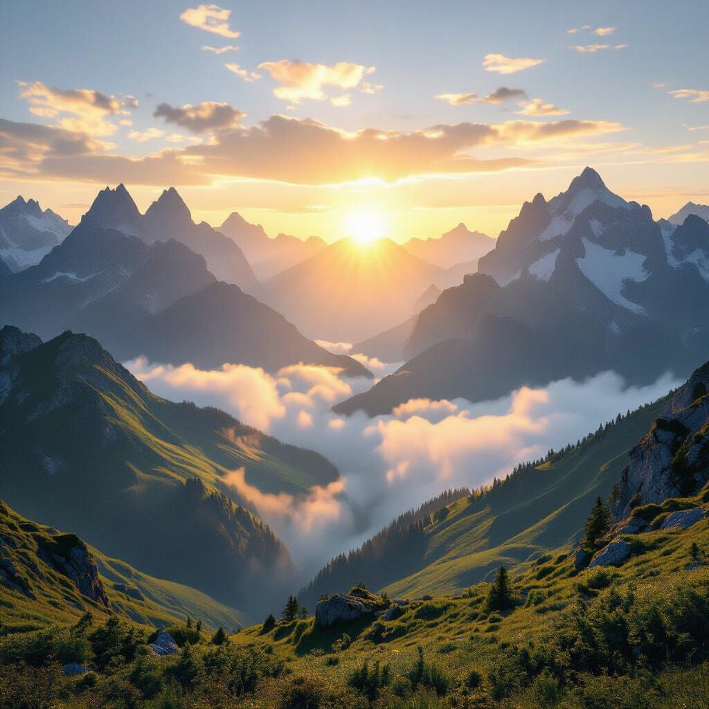 Breathtaking Mountain Sunrise with Golden Light and Mist