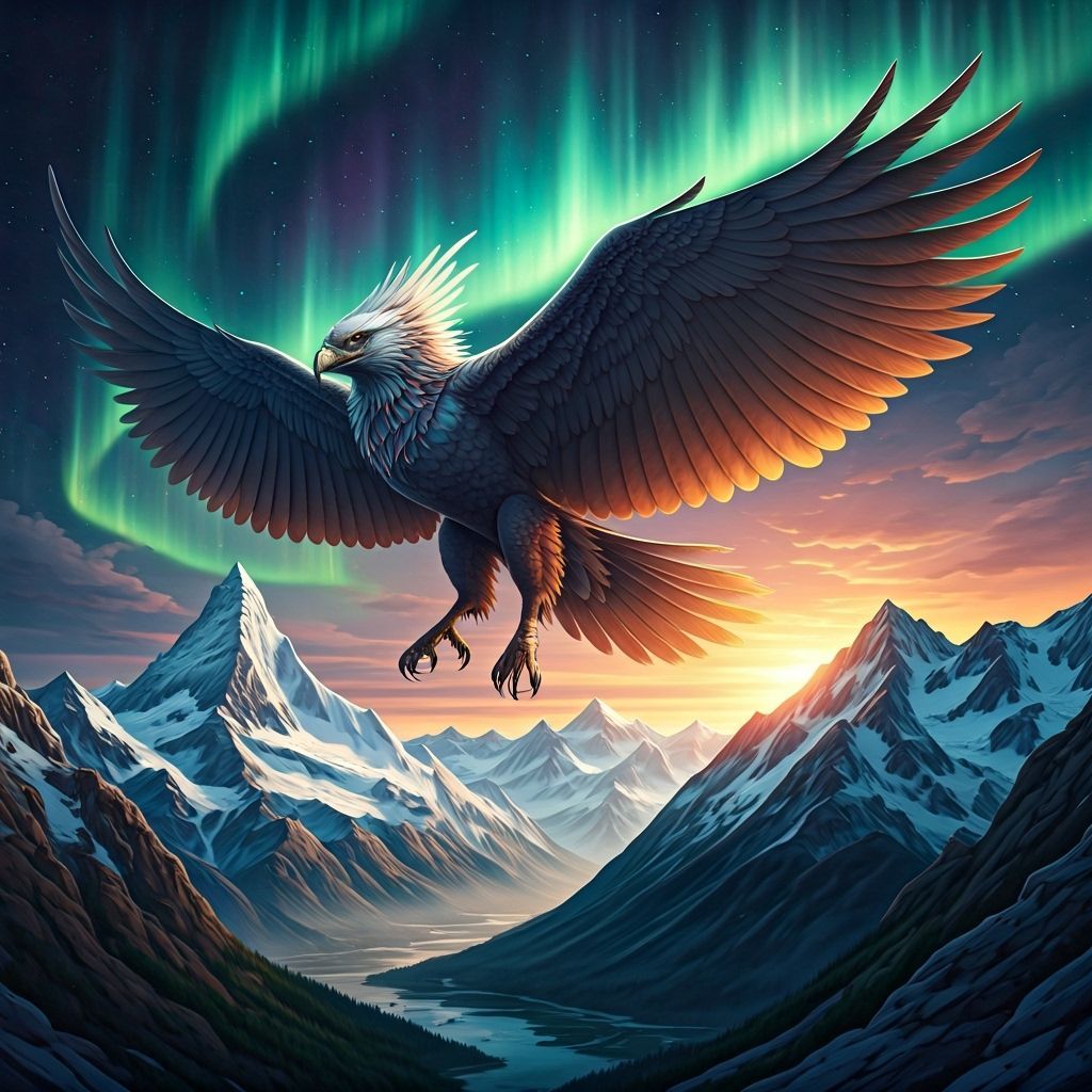 Majestic Griffin Soars Through Aurora Borealis Sky