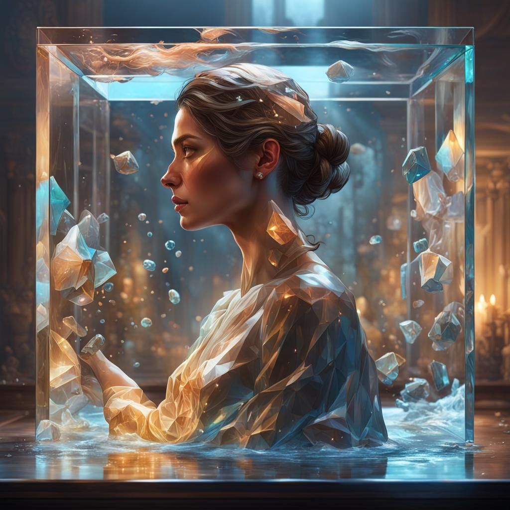 Woman Bathing in Glass Cube: Hyperdetailed Portrait