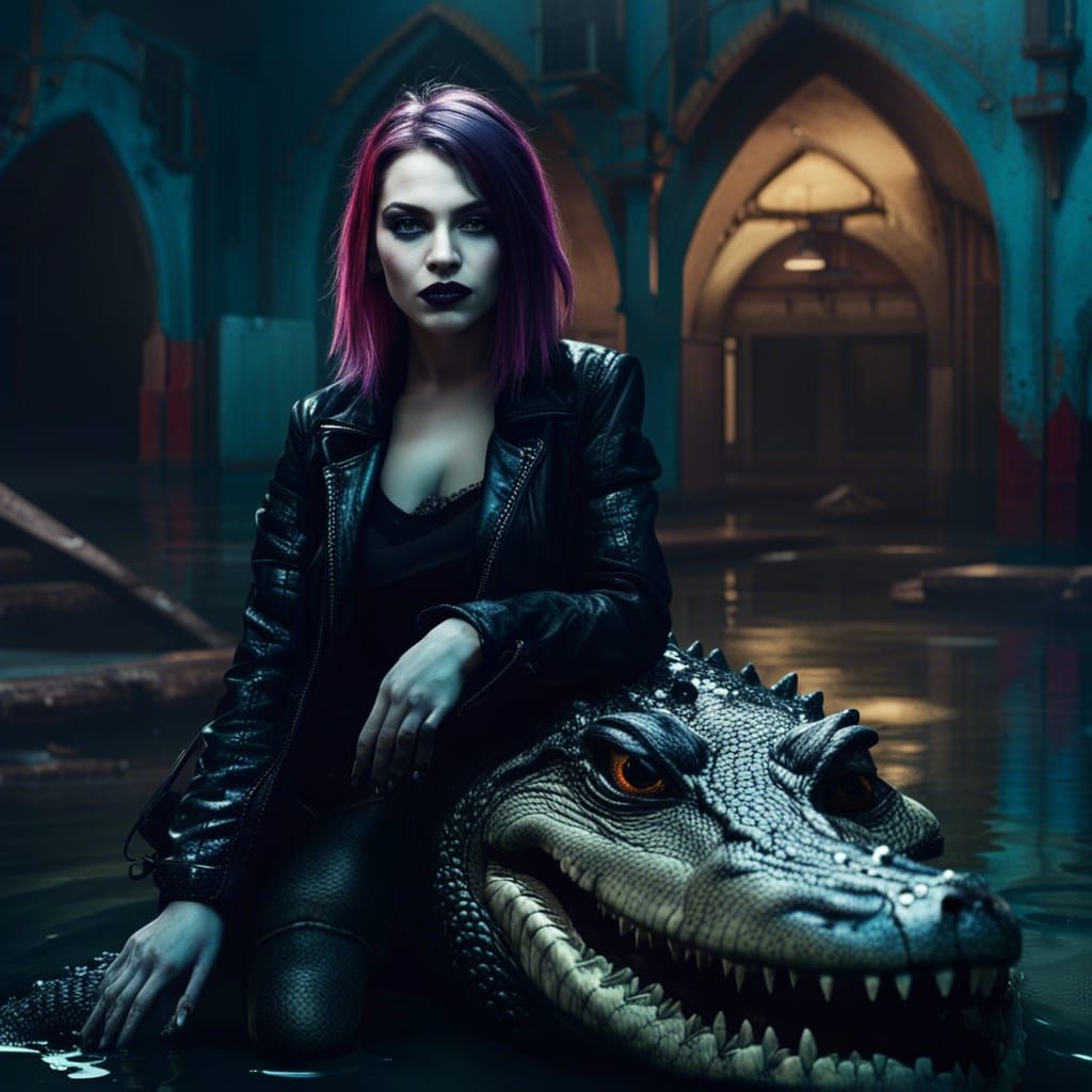 Gothic Rock Girl with Alligator in Noir Style