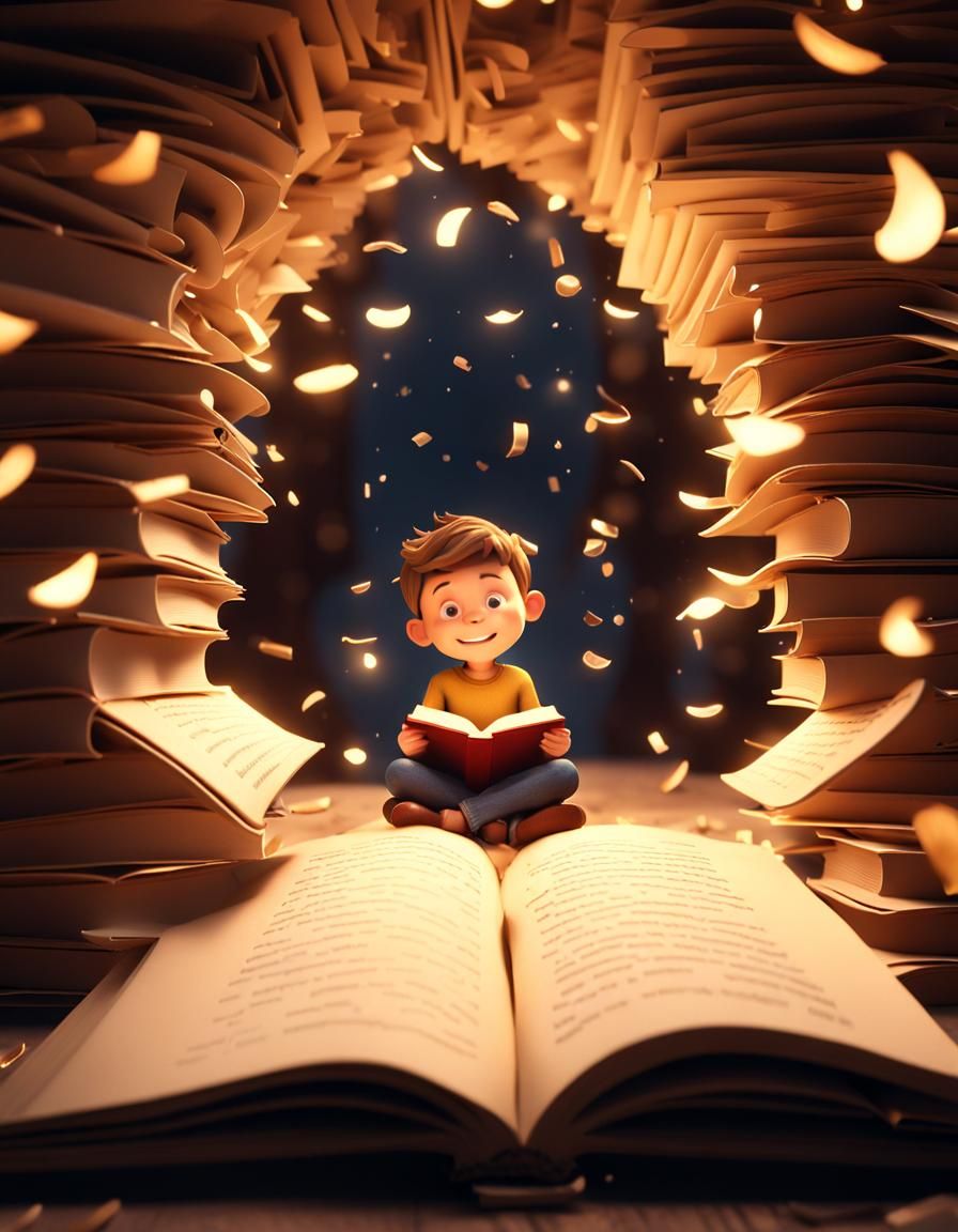 Boy Reading Giant Book with Floating Words: 3D Animation