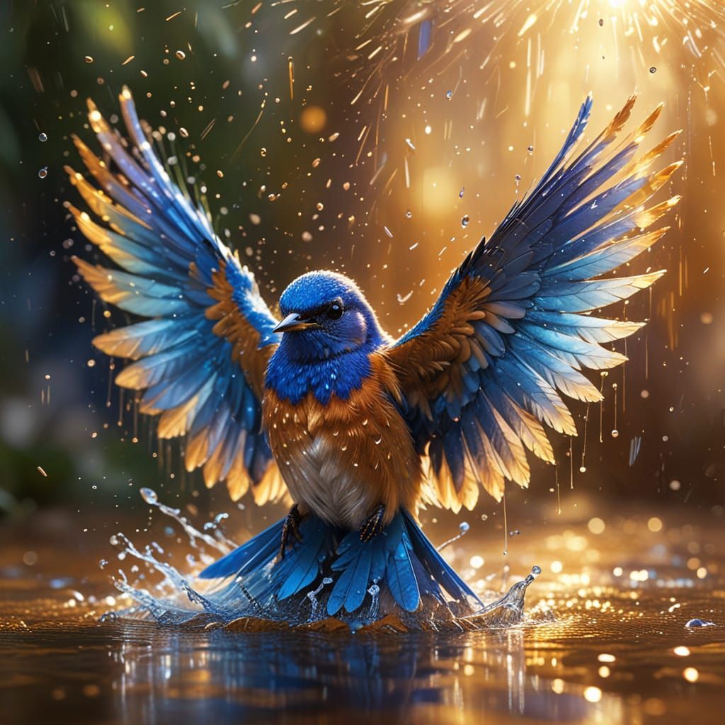 Bluebird in Iridescent Spray: Vibrant Digital Art