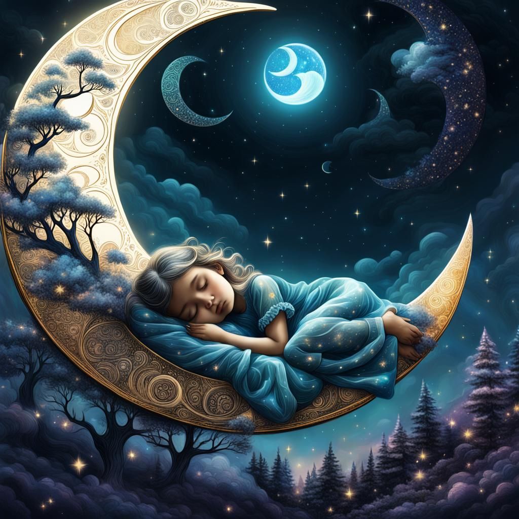 Girl Asleep on Moon in Astral Illustration